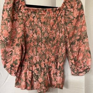 Fall cottage witch Smocked Puff Sleeve floral peasant Blouse size medium